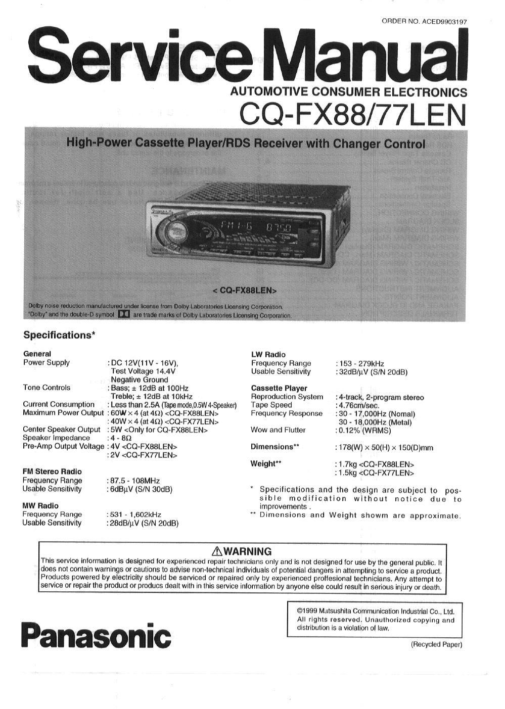 panasonic cq fx 77 len service manual