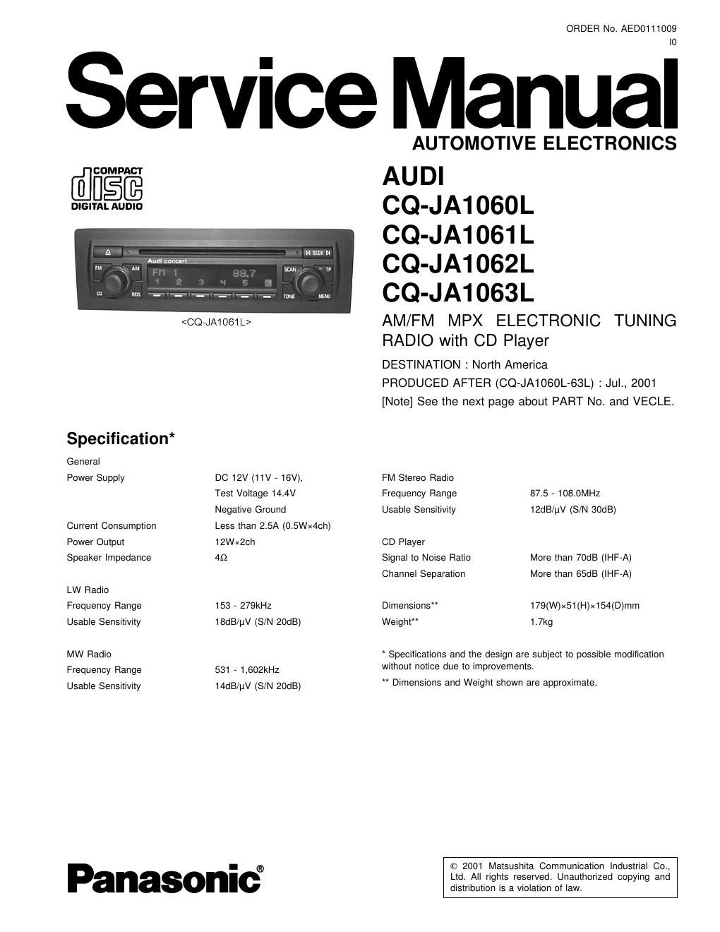 panasonic cq ja 1060 l service manual