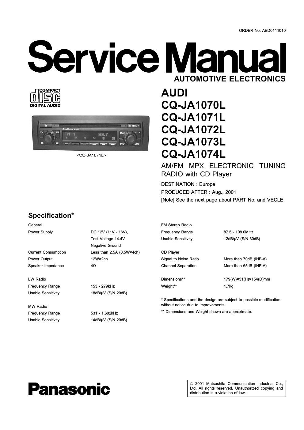 panasonic cq ja 1070 l service manual