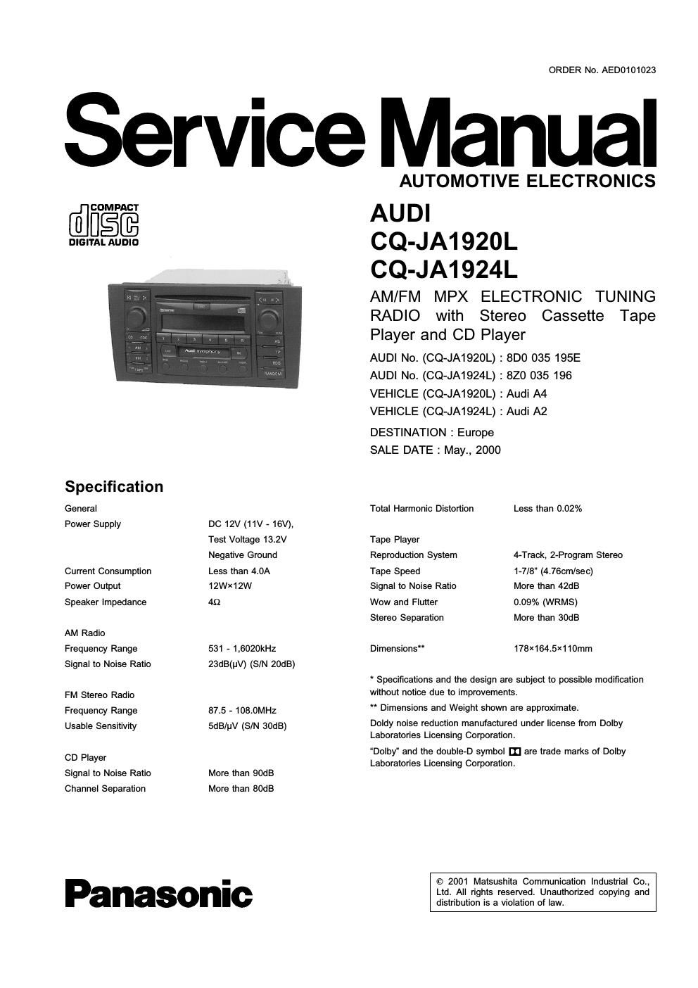 panasonic cq ja 1924 l service manual