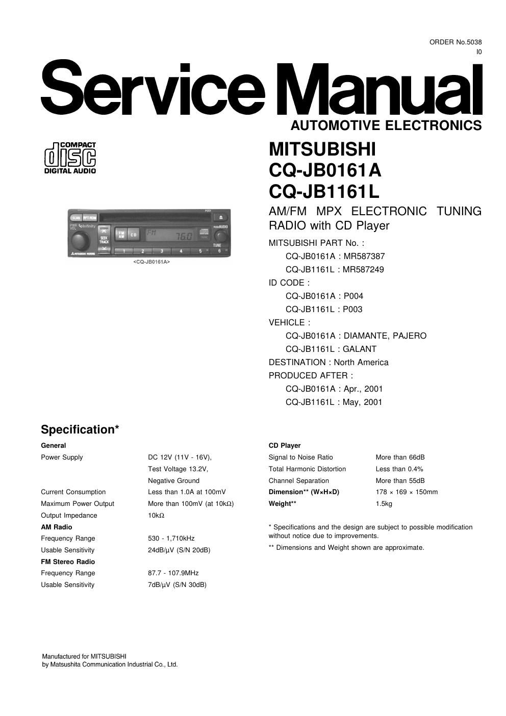 panasonic cq jb 0161 l service manual