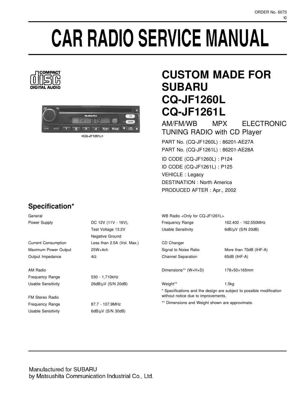 panasonic cq jf 1260 l service manual