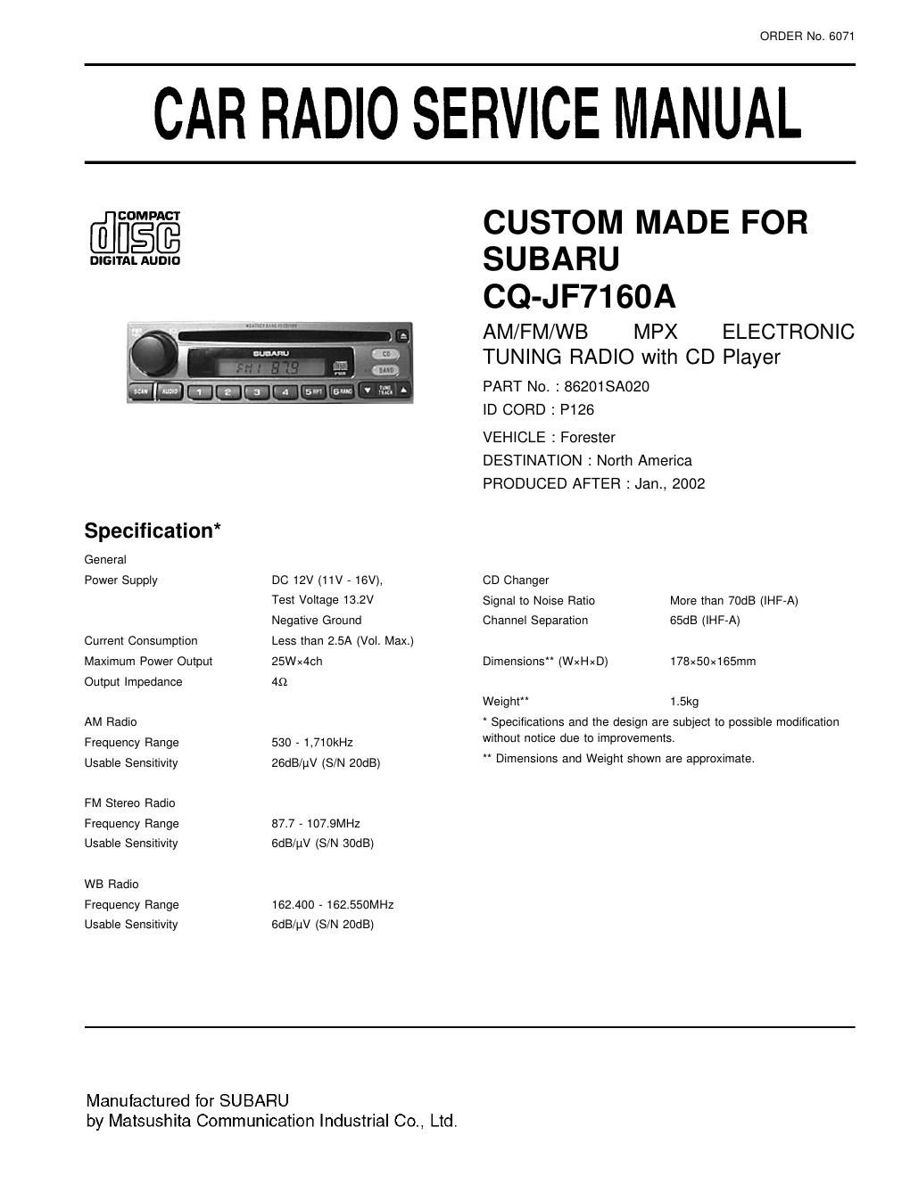 panasonic cq jf 7160 a service manual