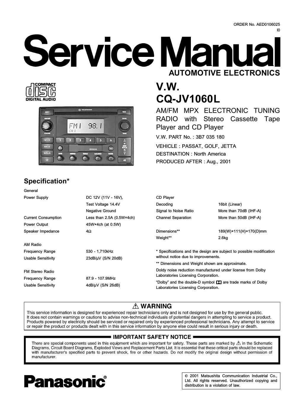 panasonic cq jv 1060 l service manual