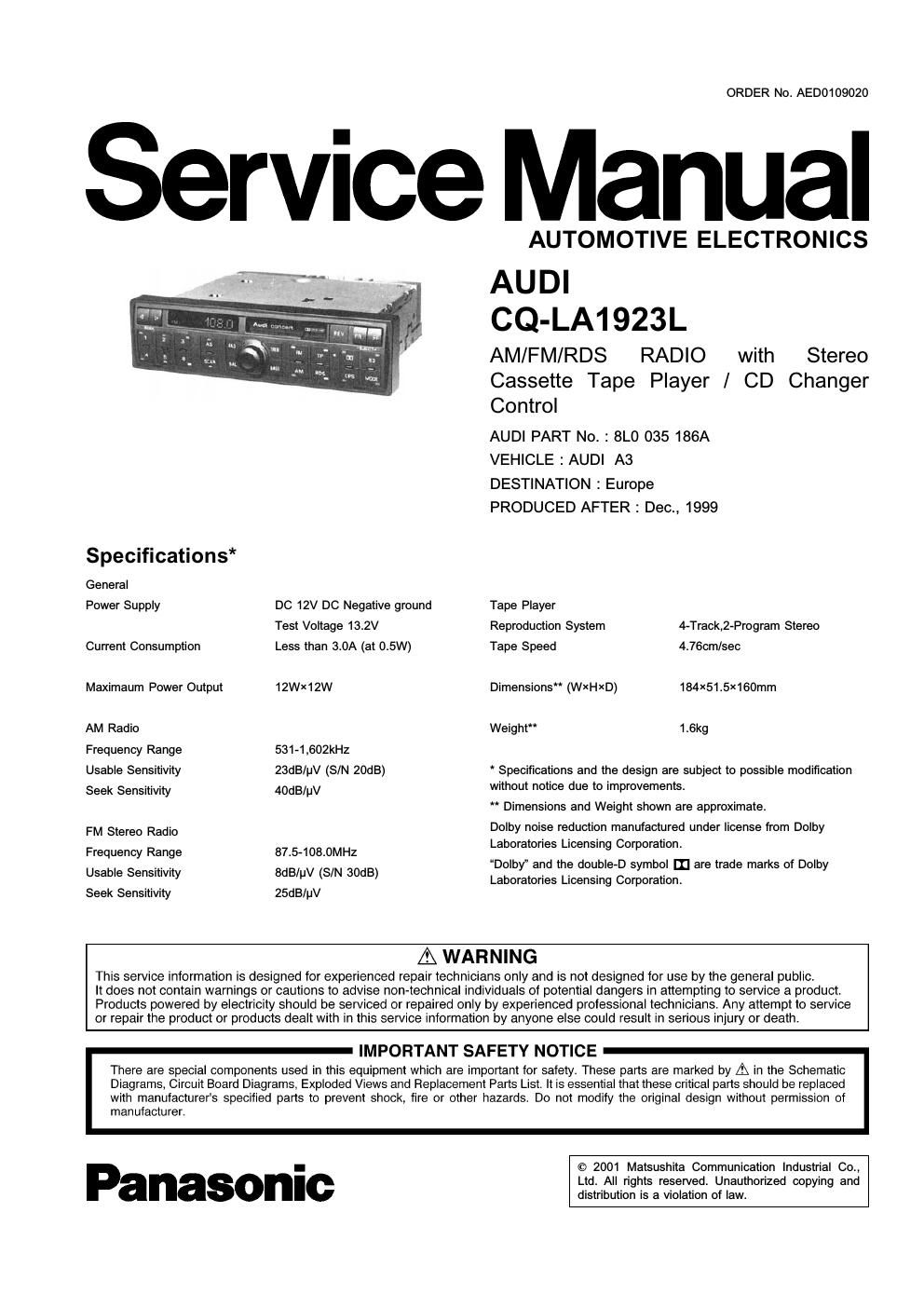 panasonic cq la 1923 l service manual