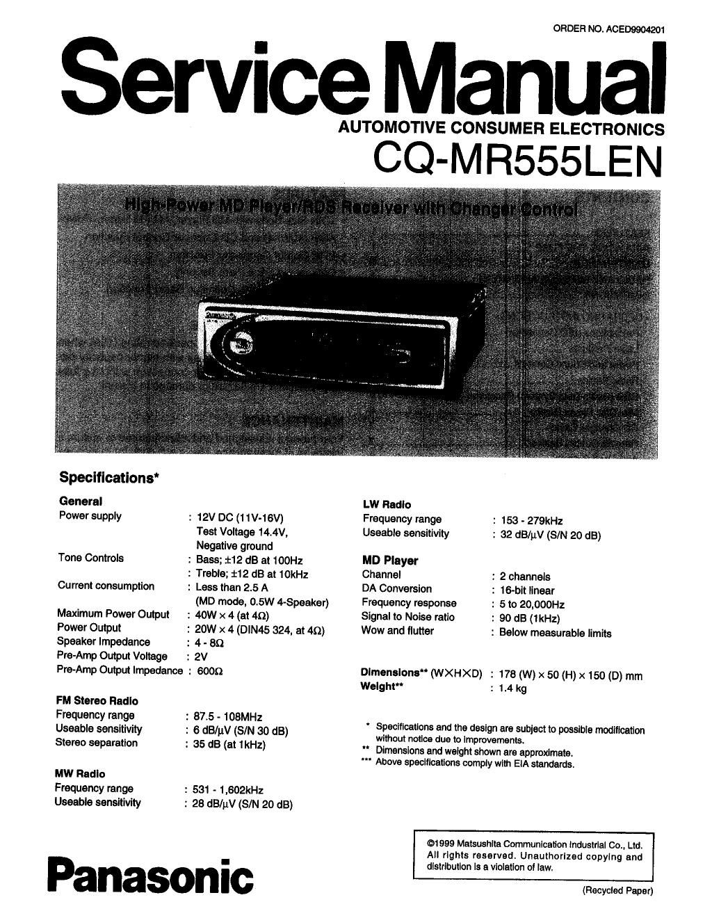 panasonic cq mr 555 service manual