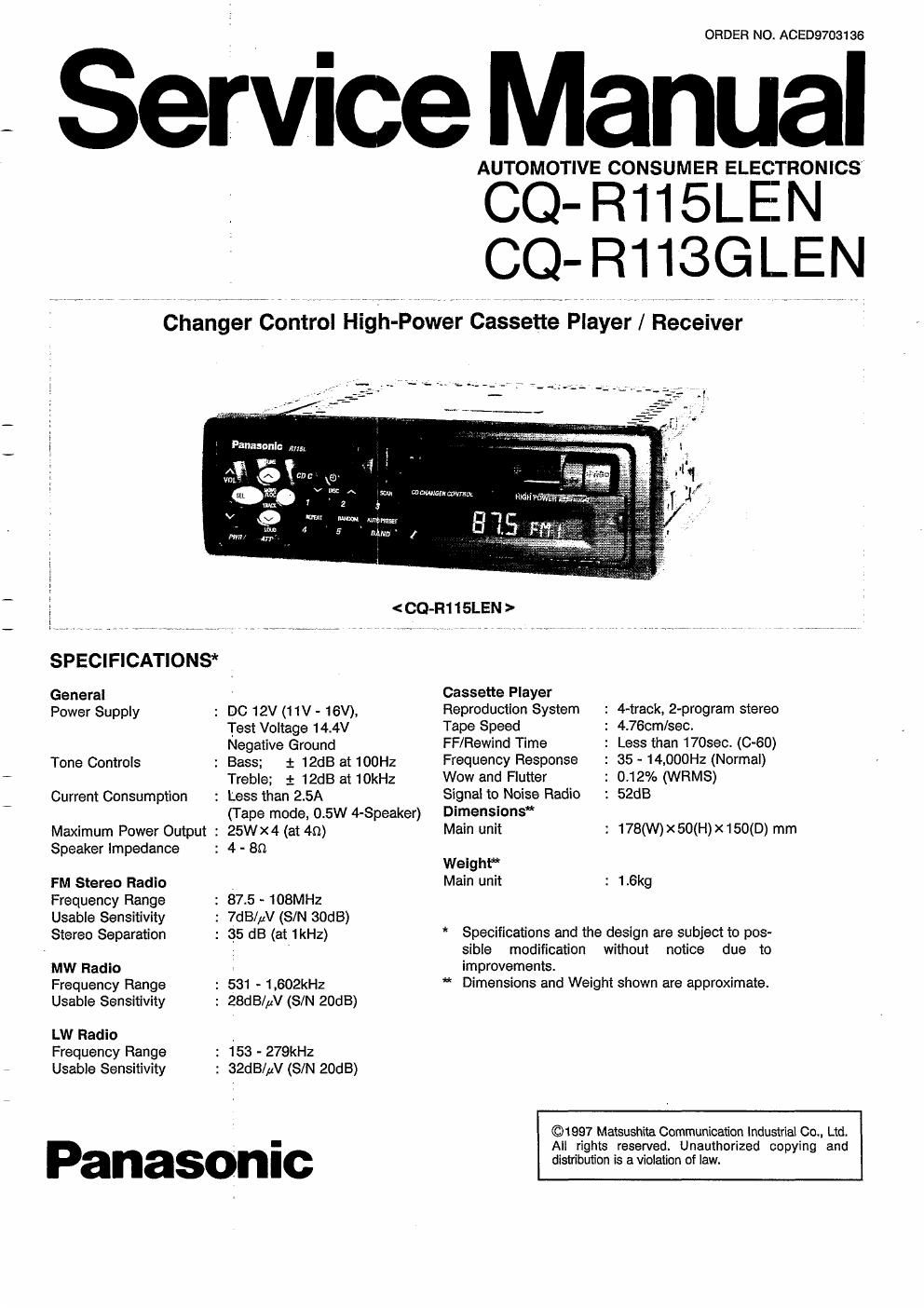 panasonic cq r 113 glen service manual