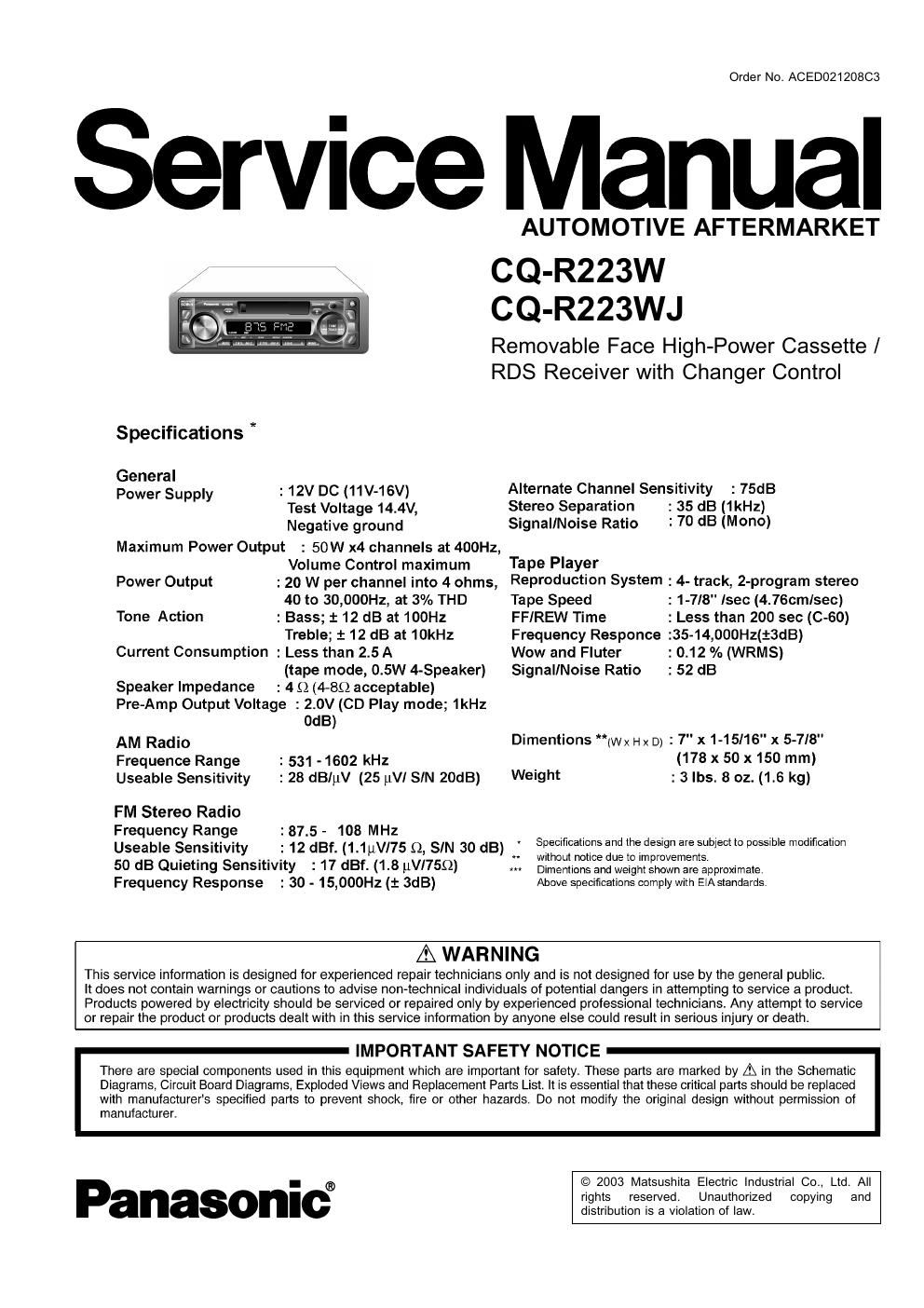 panasonic cq r 223 w service manual