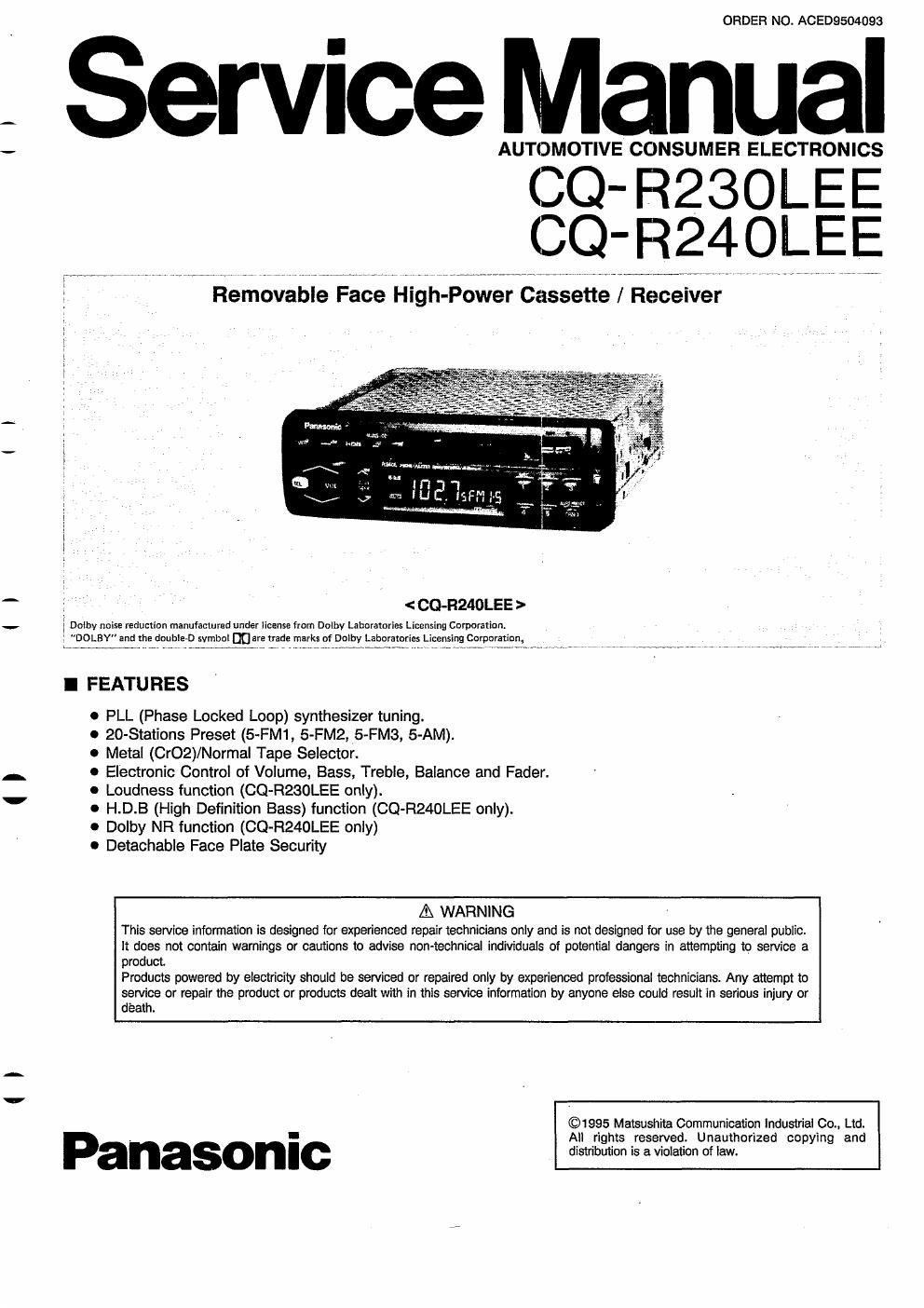 panasonic cq r 230 lee service manual