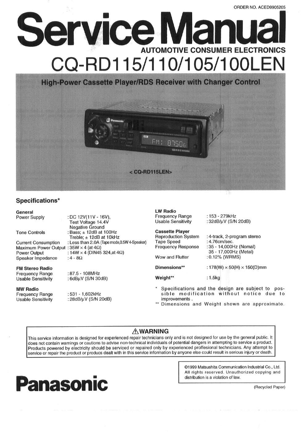 panasonic cq rd 100 len service manual