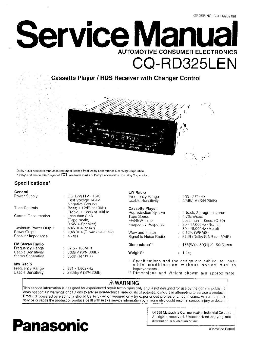 panasonic cq rd 325 len service manual