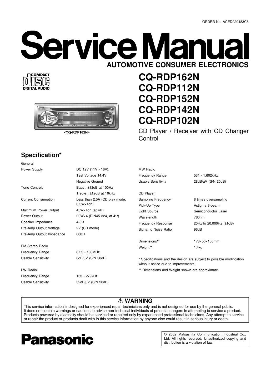 panasonic cq rdp 102 n service manual