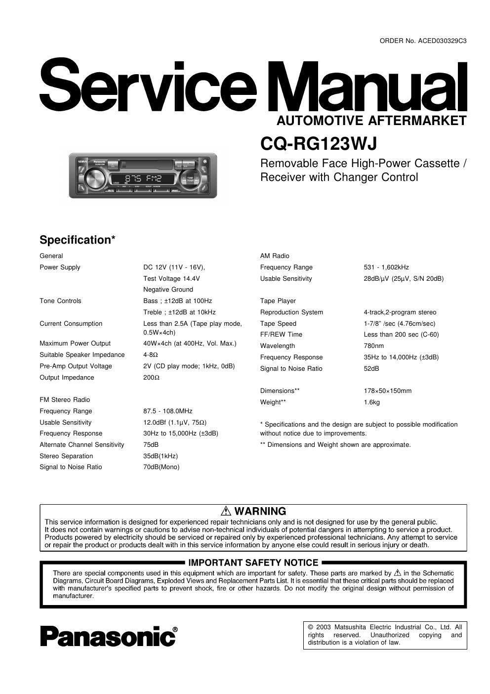 panasonic cq rg 123 wj service manual