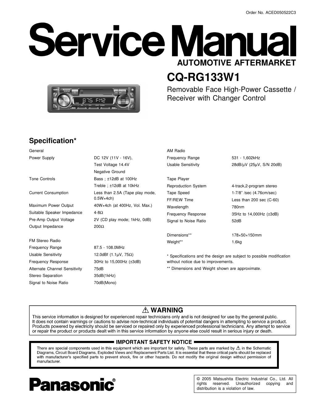 panasonic cq rg 133 w 1 service manual