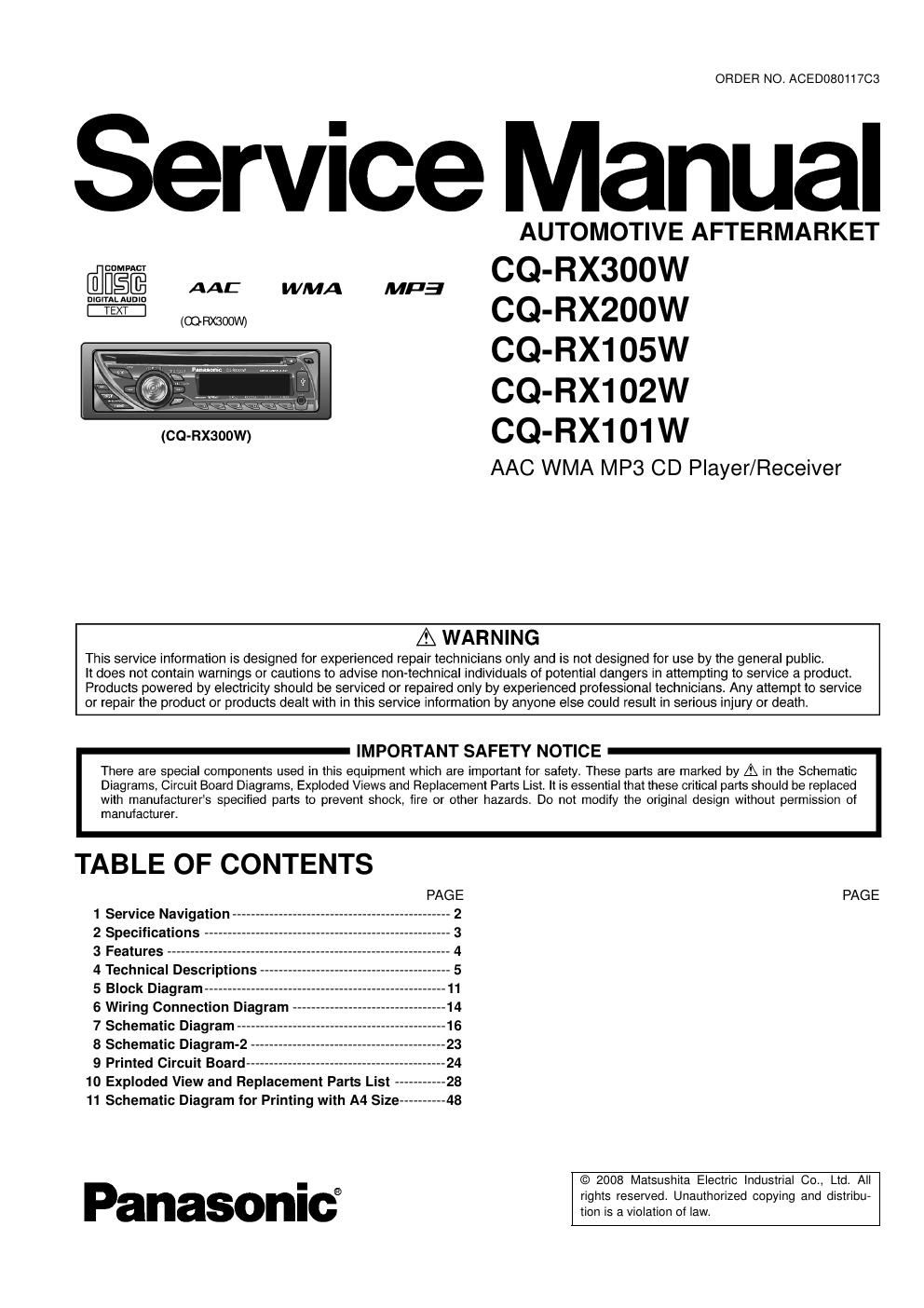 panasonic cq rx 101 w service manual