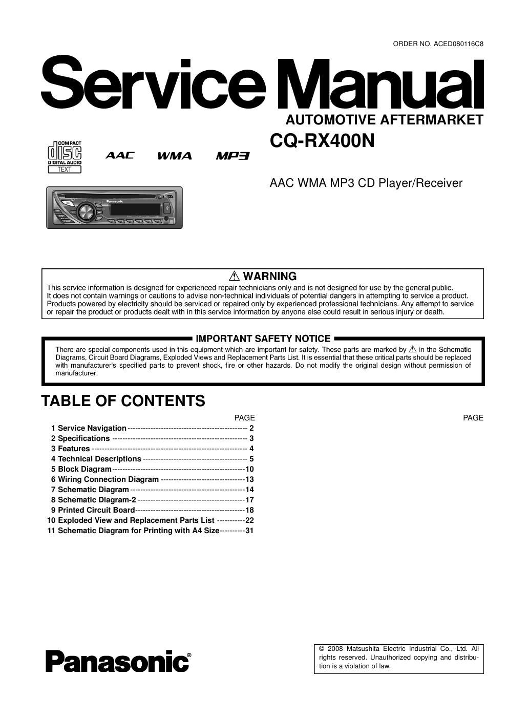 panasonic cq rx 400 n service manual