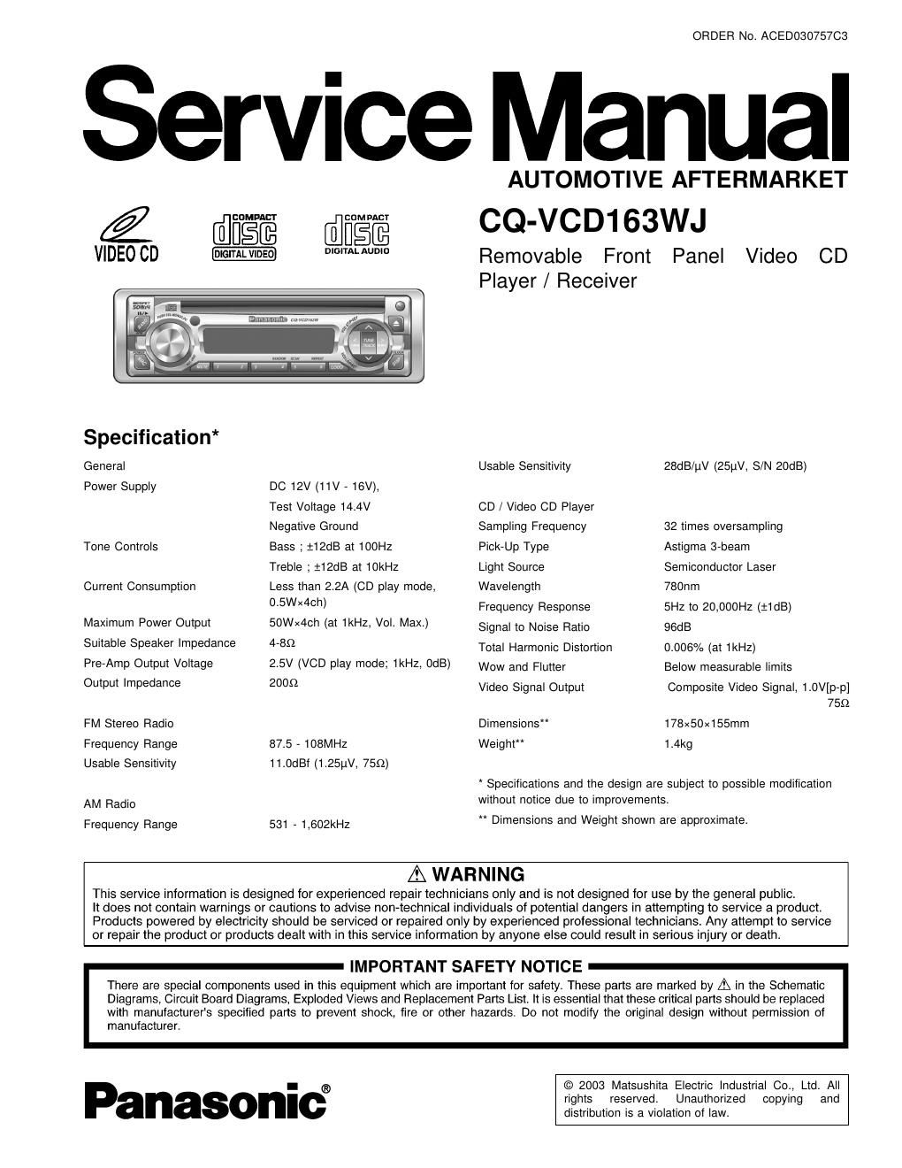 panasonic cq vcd 163 wj service manual