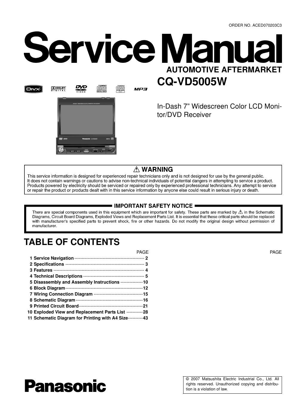 panasonic cq vd 5005 w service manual