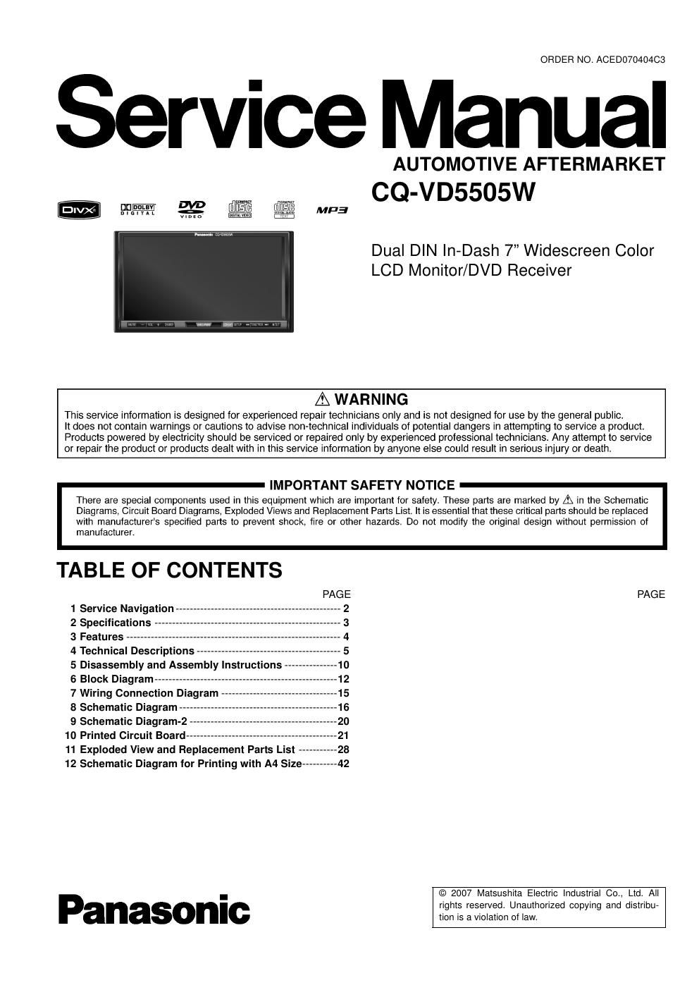 panasonic cq vd 5505 w service manual