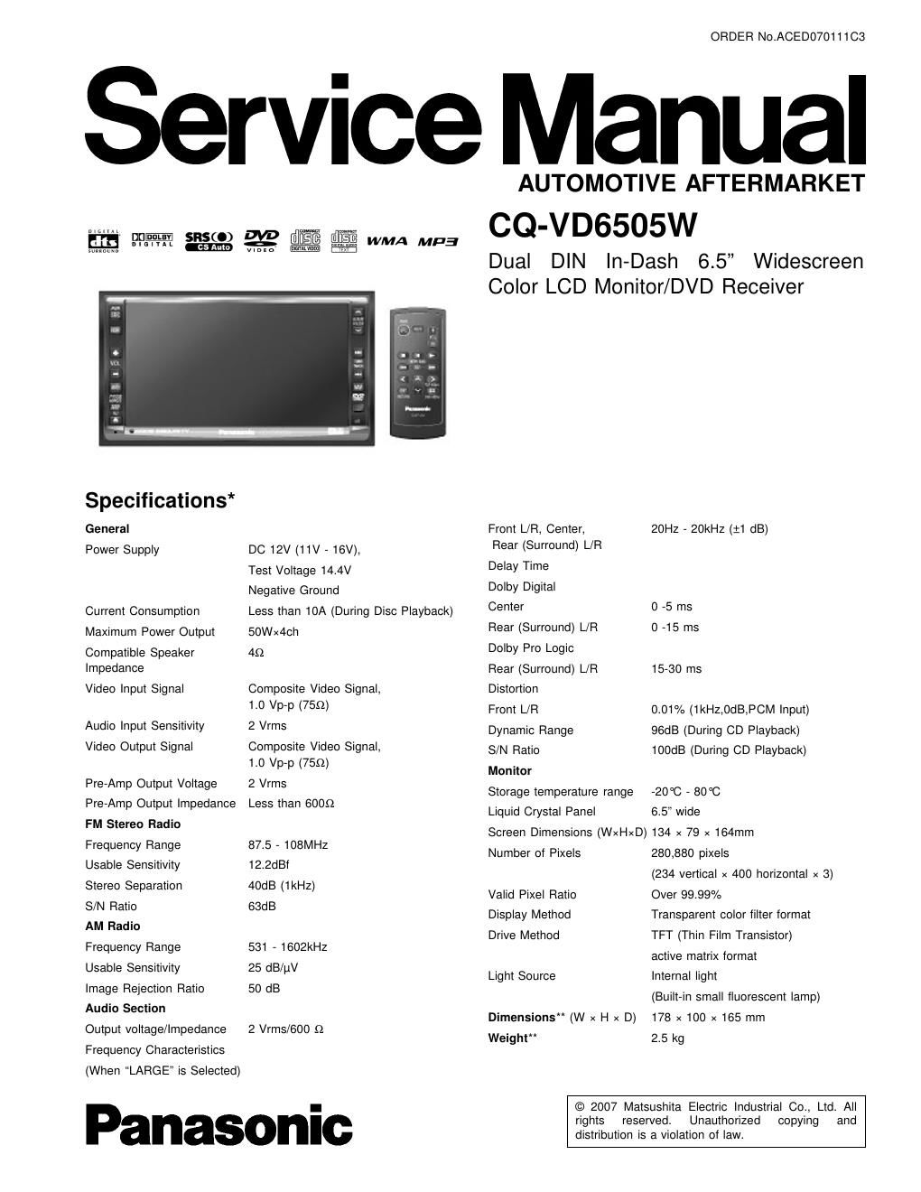 panasonic cq vd 6505 sw service manual