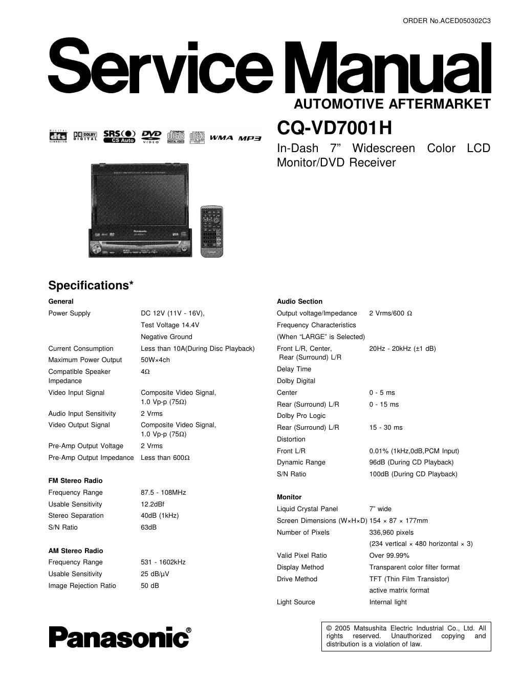 panasonic cq vd 7001 h service manual