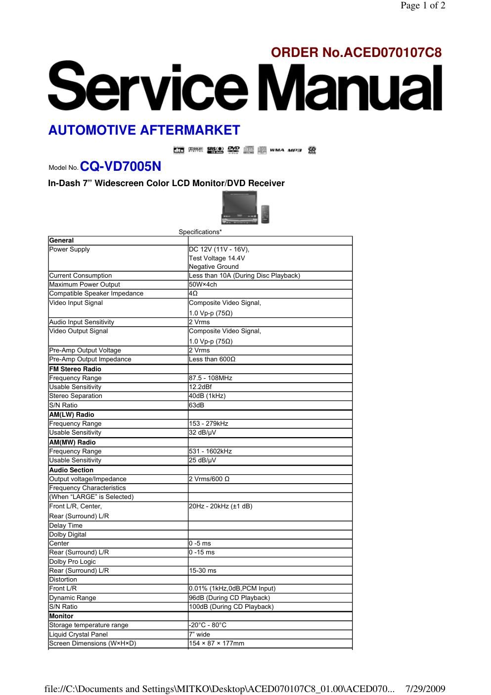 panasonic cq vd 7005 n service manual