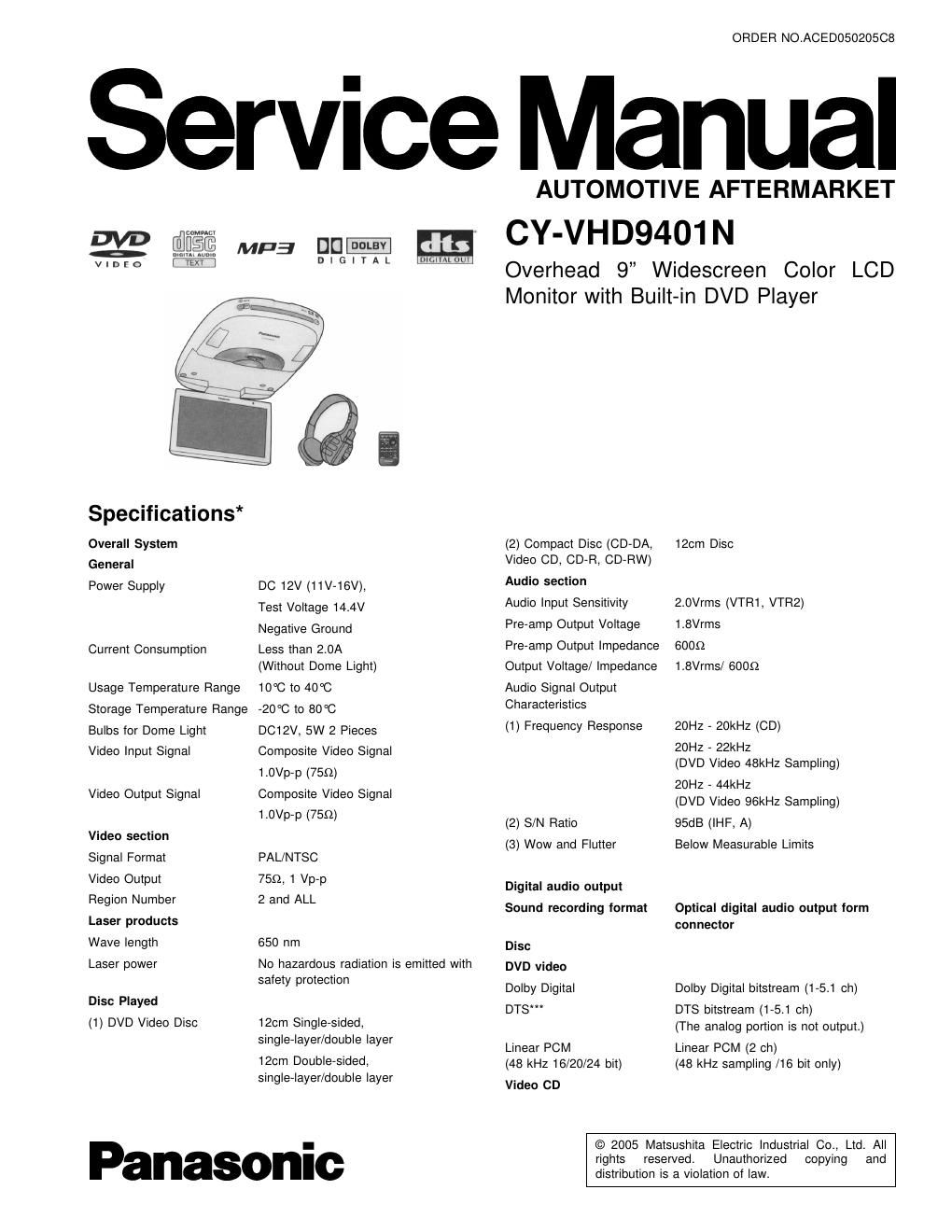 panasonic cy vhd 9401 n service manual