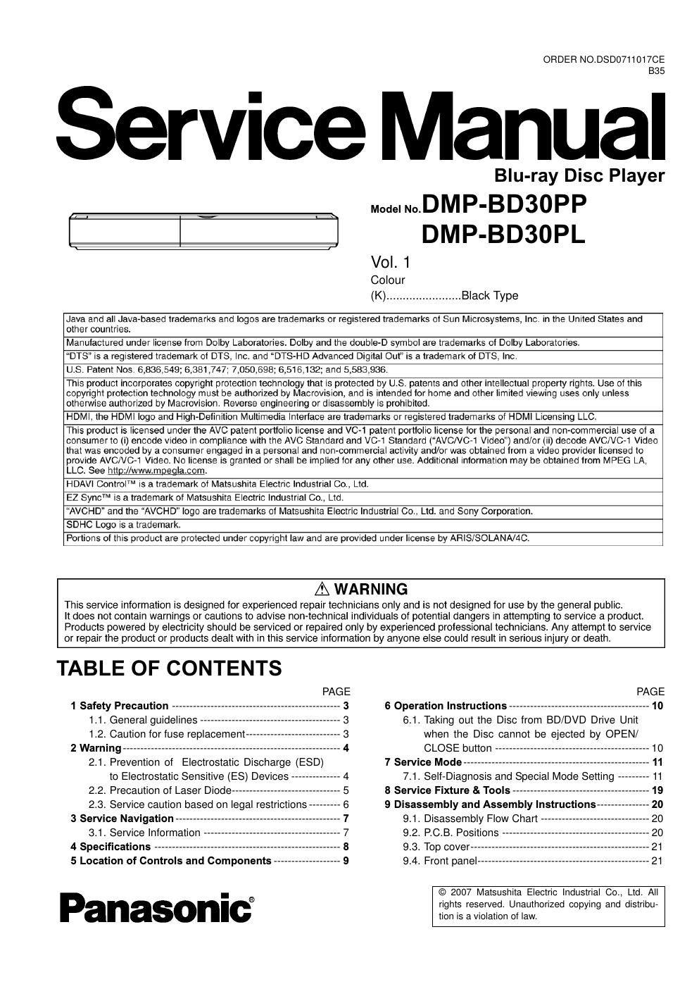 panasonic dmp bd 30 service manual