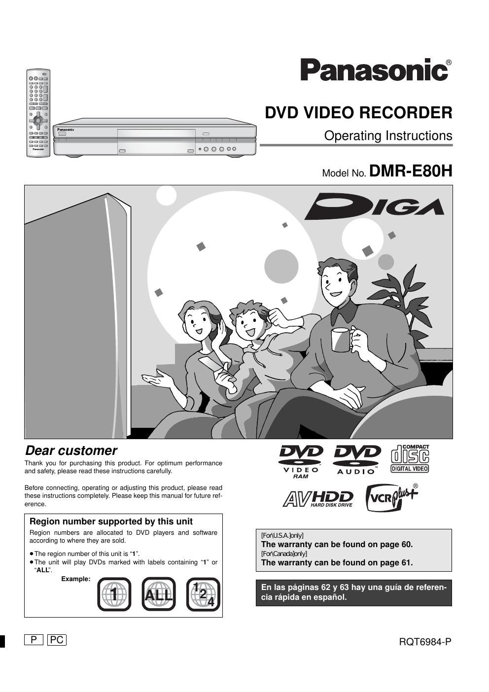 panasonic dmr e 80 h owners manual