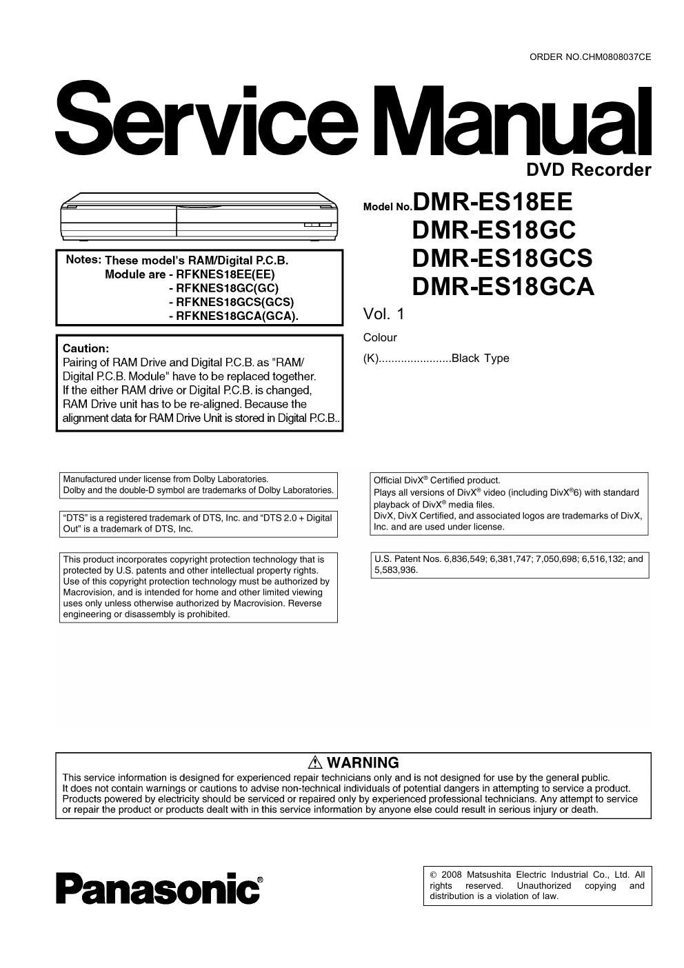 panasonic dmr es 18 ee service manual