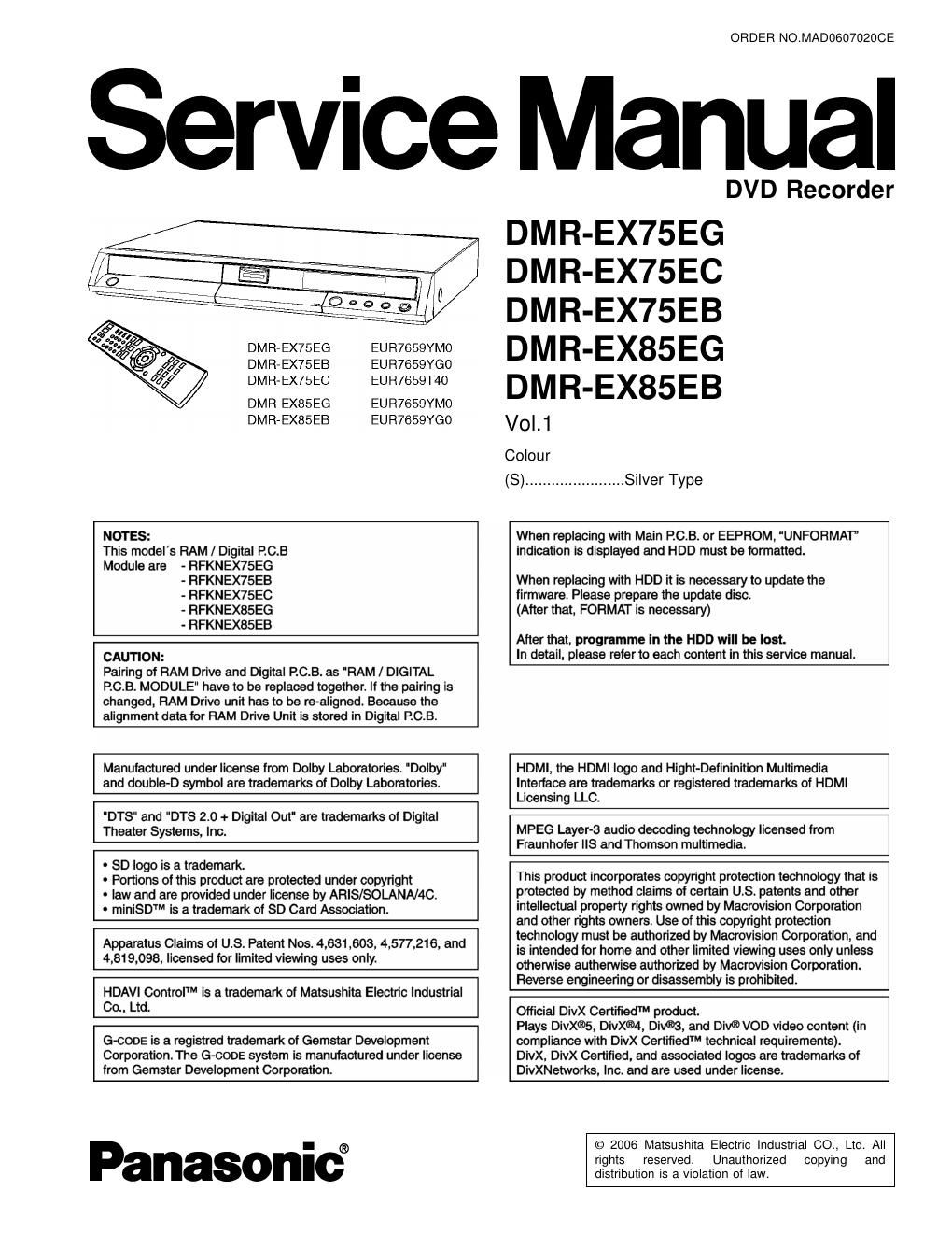 panasonic dmr ex 75 service manual