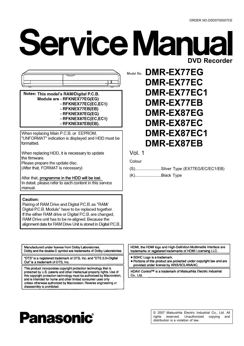 panasonic dmr ex 77 service manual
