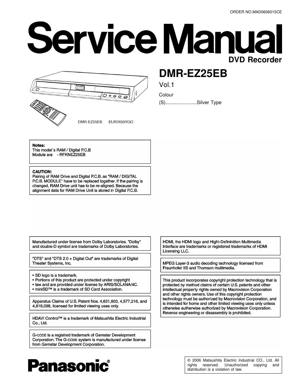 panasonic dmr ez 25 eb service manual