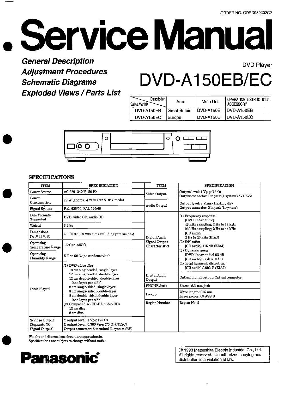 panasonic dvd a 150 service manual