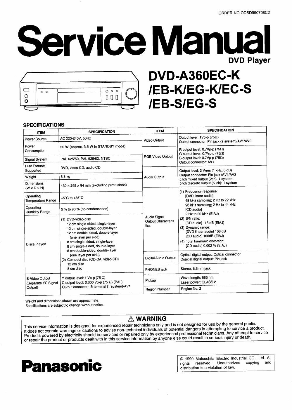 panasonic dvd a 360 service manual