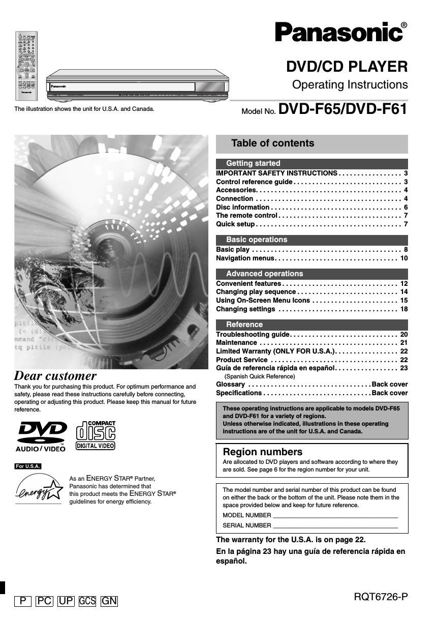 panasonic dvd f 65 owners manual