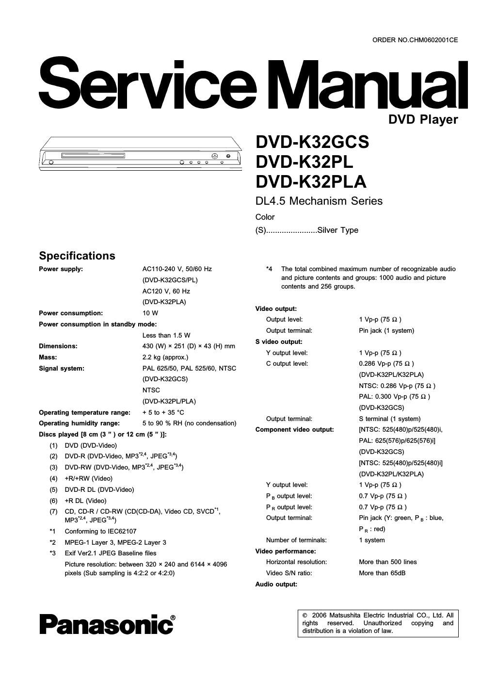 panasonic dvd k 32 service manual