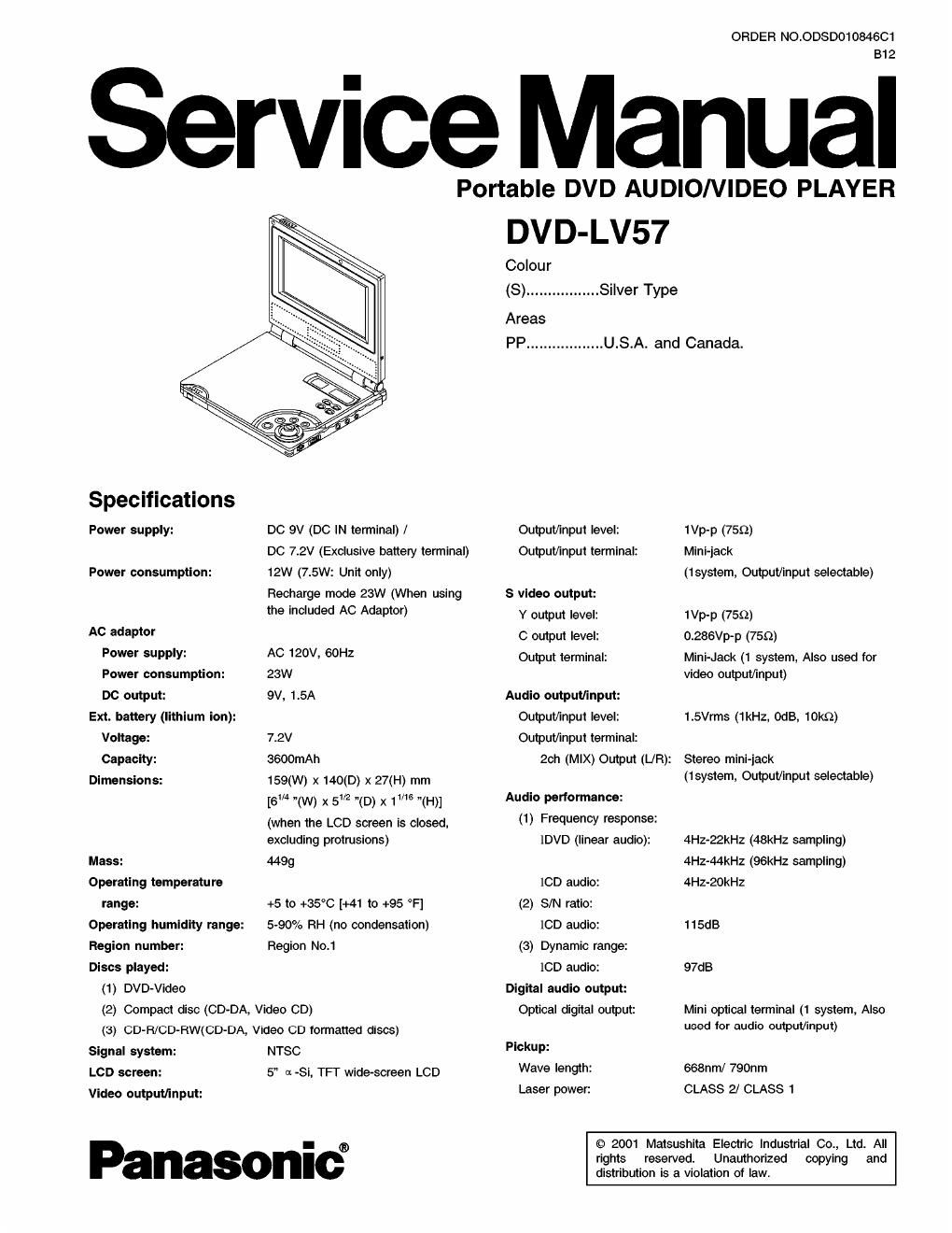 panasonic dvd lv 57 service manual