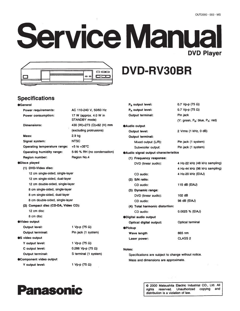 panasonic dvd rv 30 br service manual