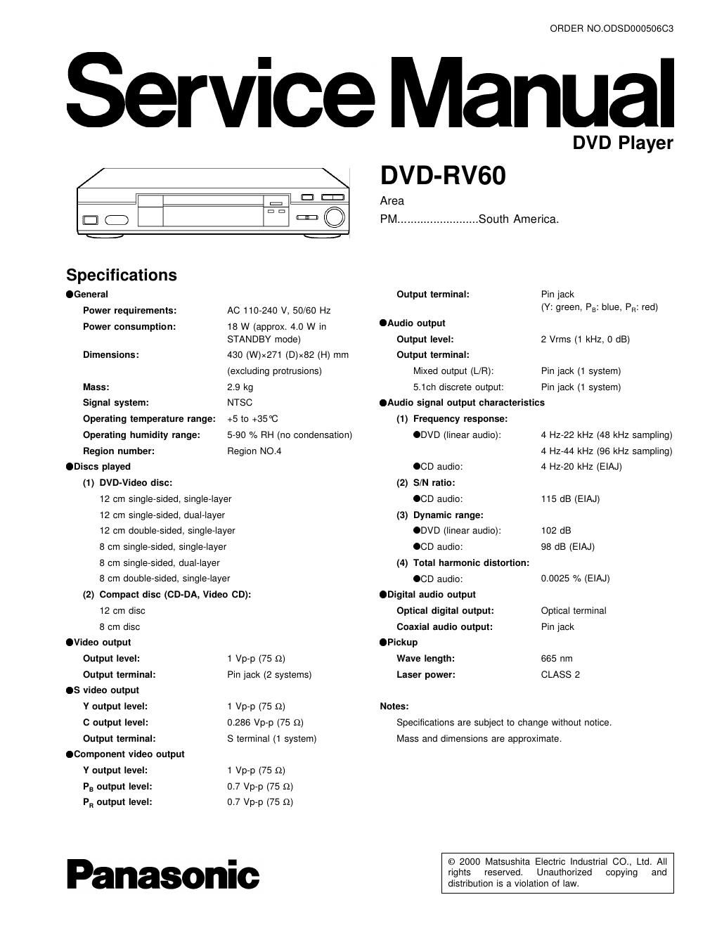 panasonic dvd rv 60 service manual