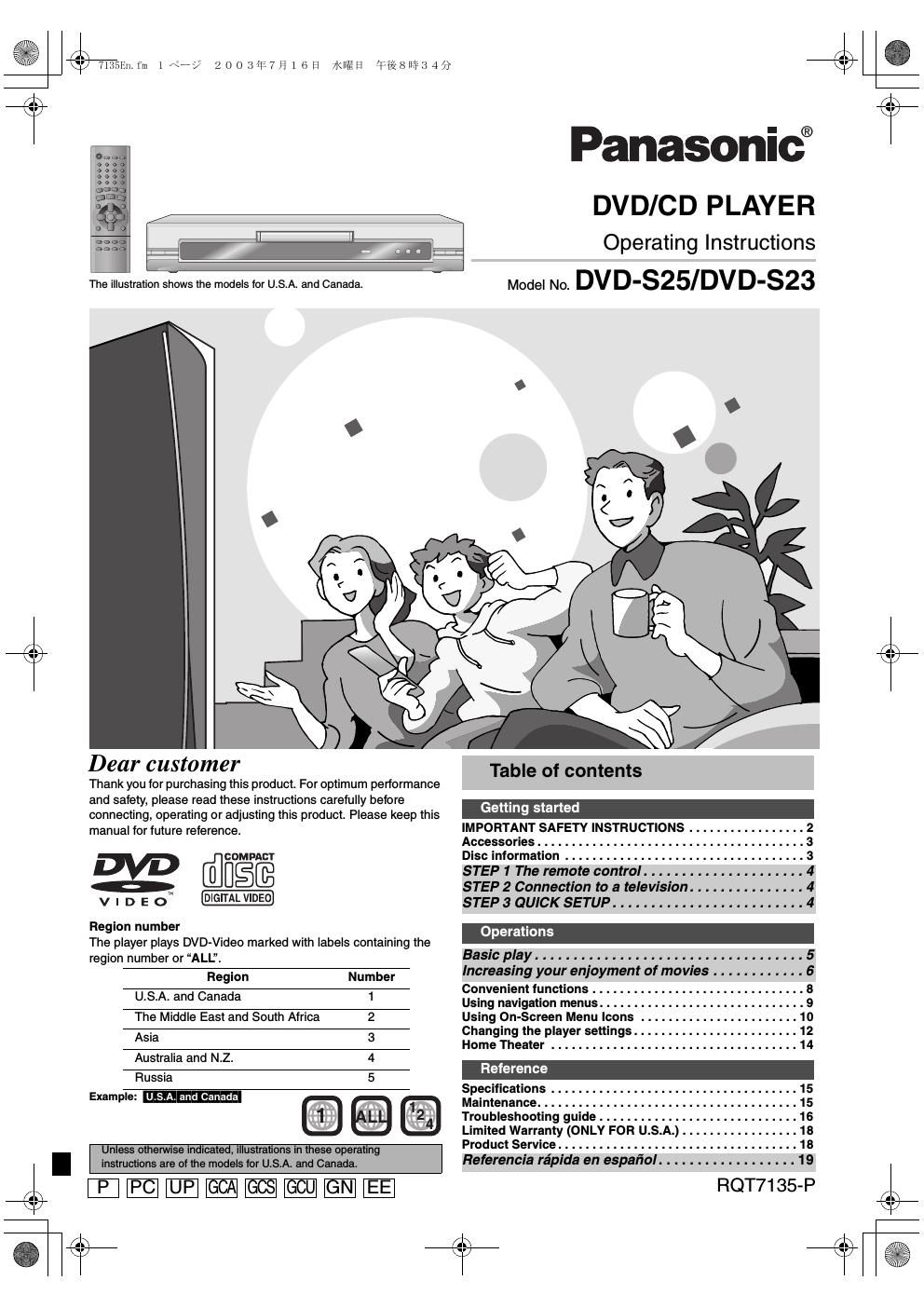 panasonic dvd s 25 owners manual