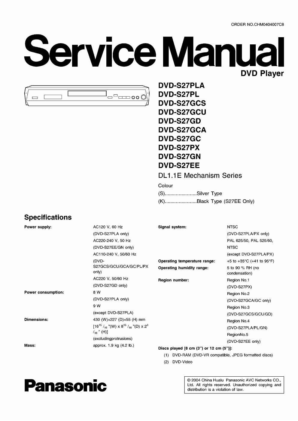 panasonic dvd s 27 service manual