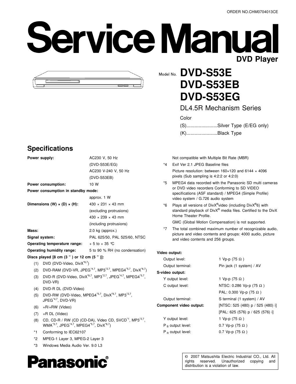 panasonic dvd s 53 e service manual