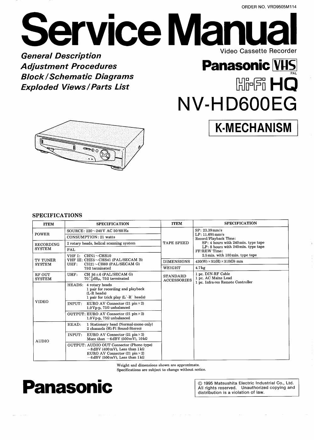 panasonic nv hd 600 eg service manual