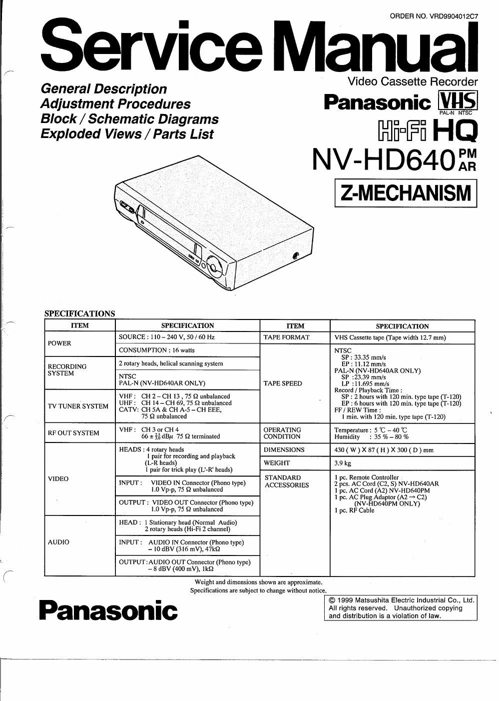 panasonic nv hd 640 service manual