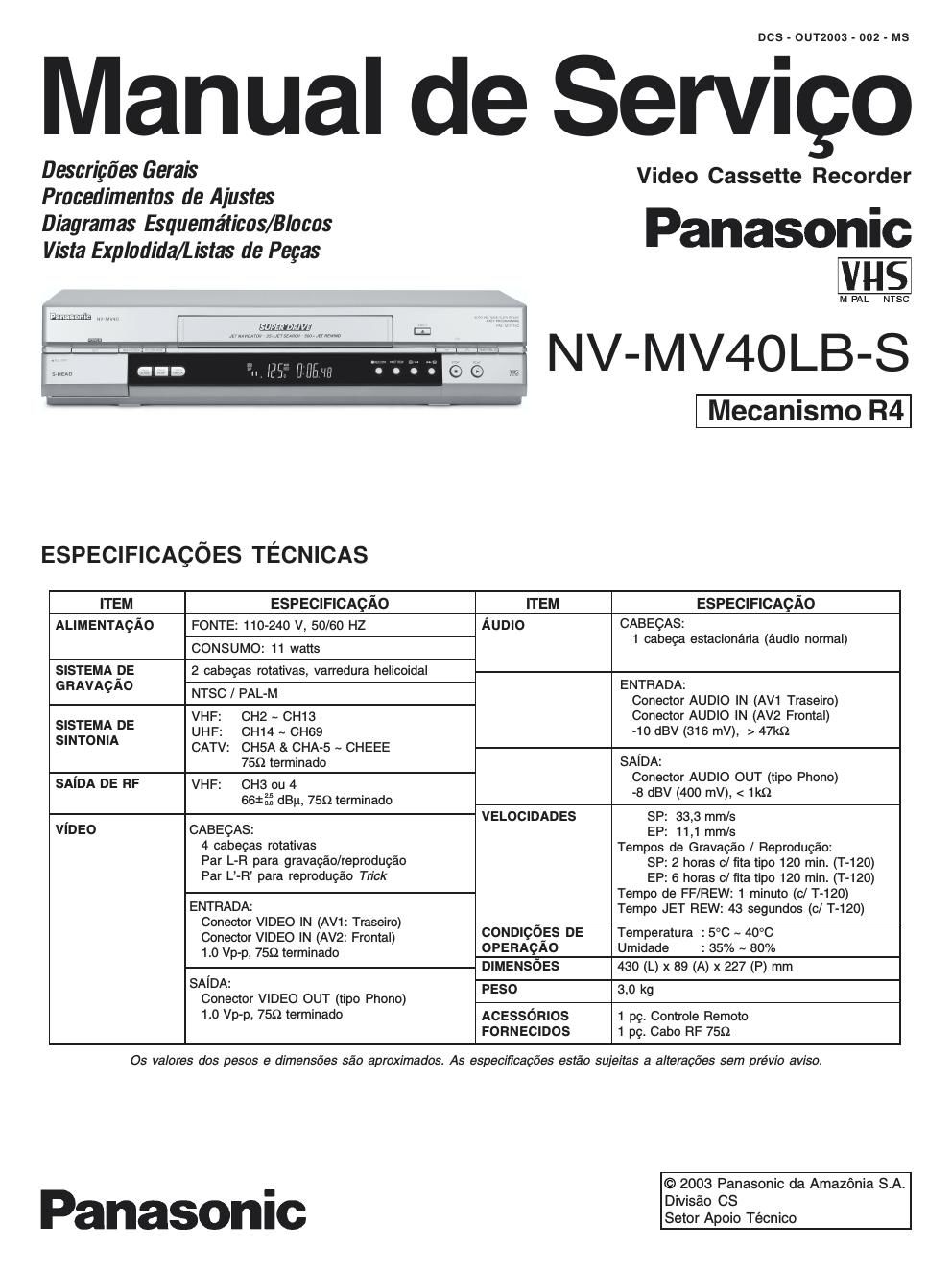 panasonic nv mv 40 lbs service manual