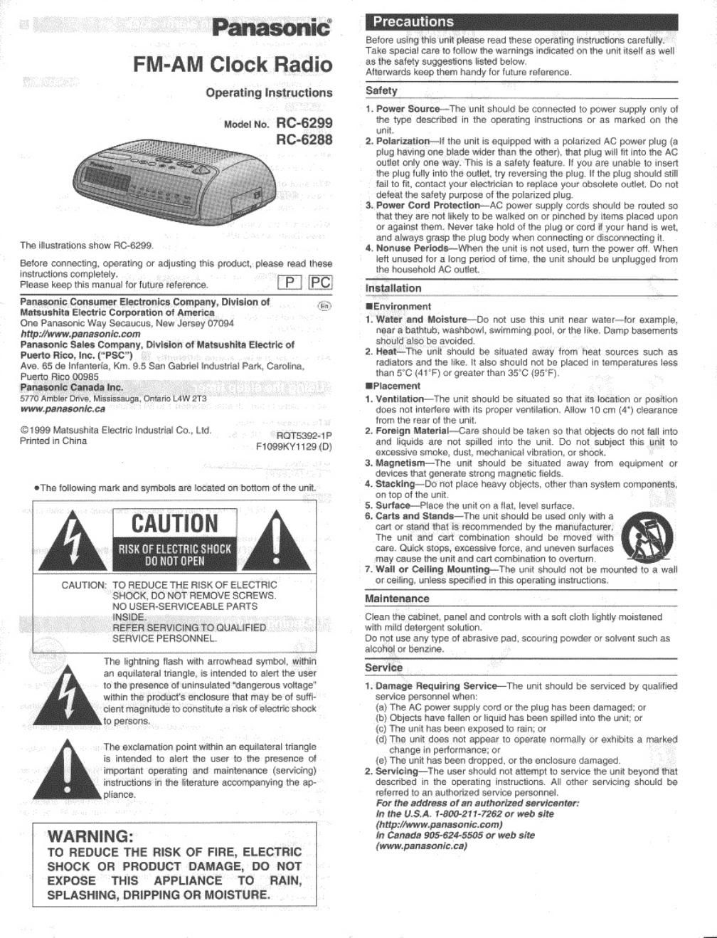 panasonic rc 6299 owners manual