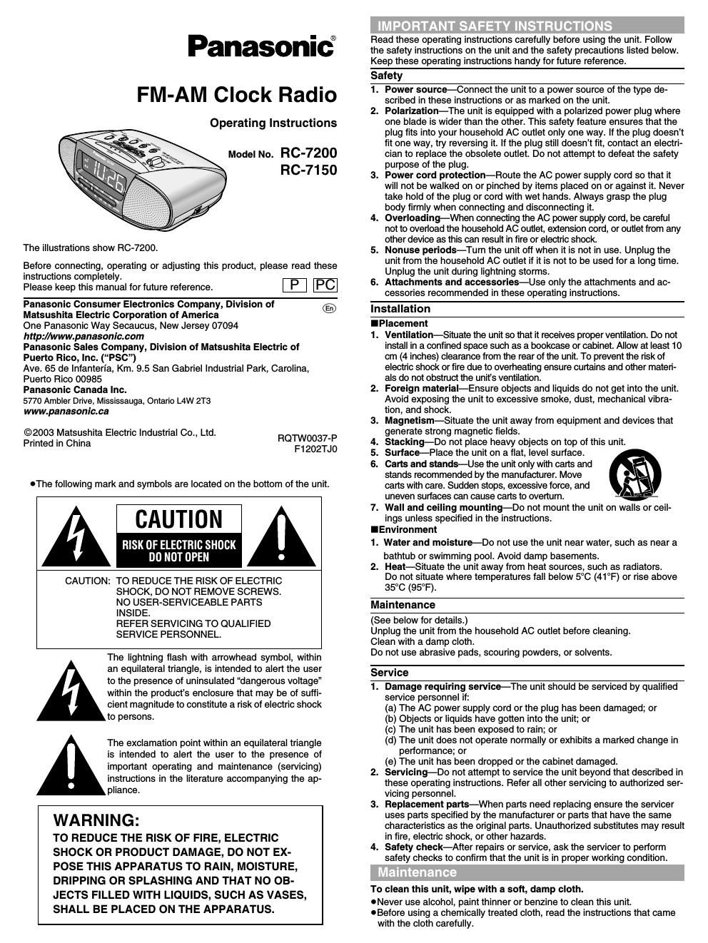 panasonic rc 7200 owners manual