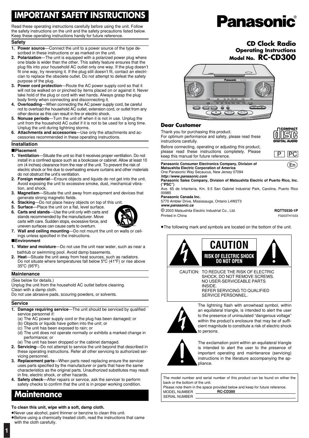 panasonic rc cd 300 owners manual