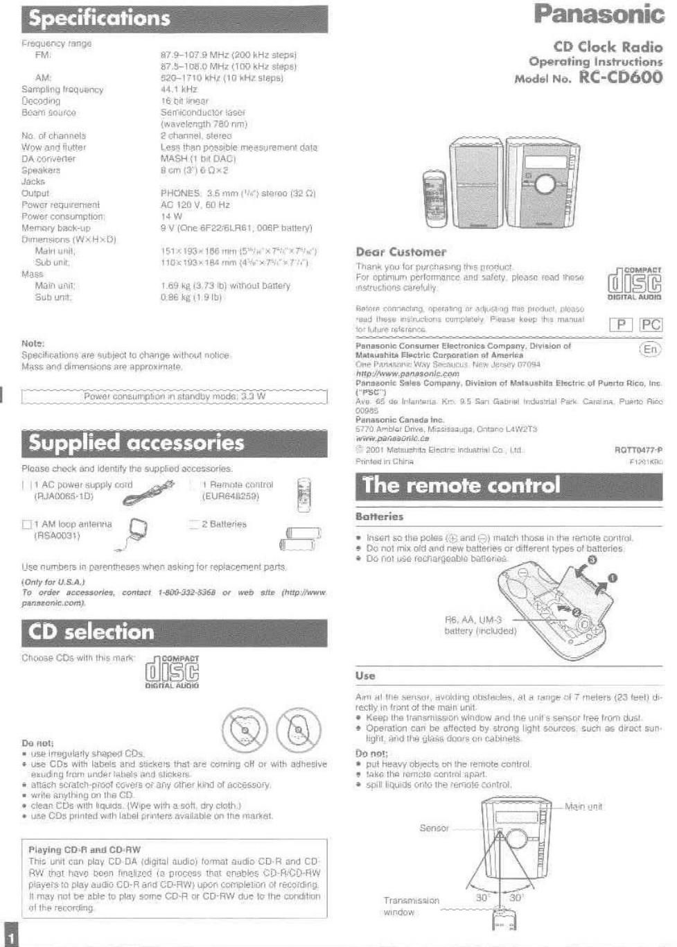 panasonic rc cd 600 owners manual
